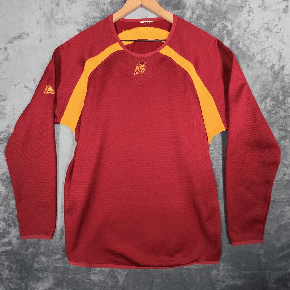 Majestic USC Trojans Mens Pullover Warm Up Shirt L Red Gold Long Sleeve NCAA